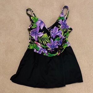 Floral Black and Purple Women's SwimDress with attached panty